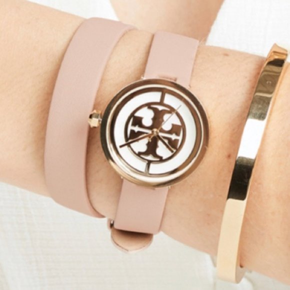New TORY BURCH Reva Double Wrap Leather Strap Watch Blush Pink Gold - Picture 10 of 10